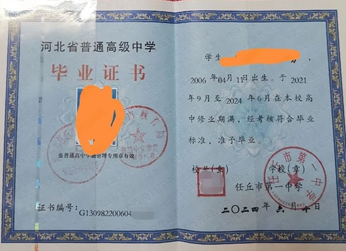 株洲任丘市第一中学高中毕业证样本图片